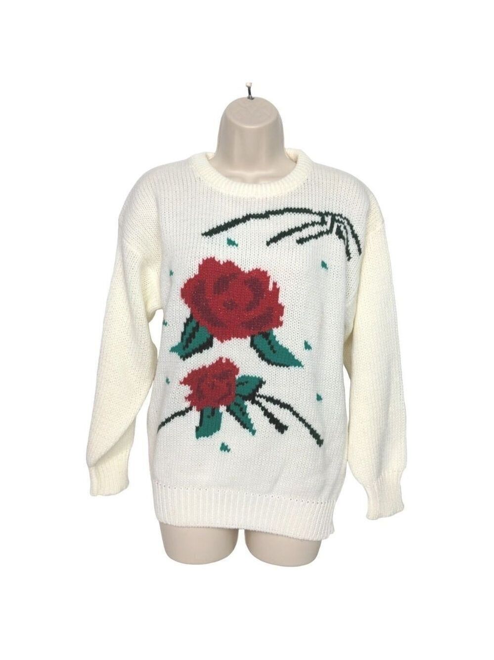 Bramble Lane Women's Pullover Sweater Embroidered Red Rose Small